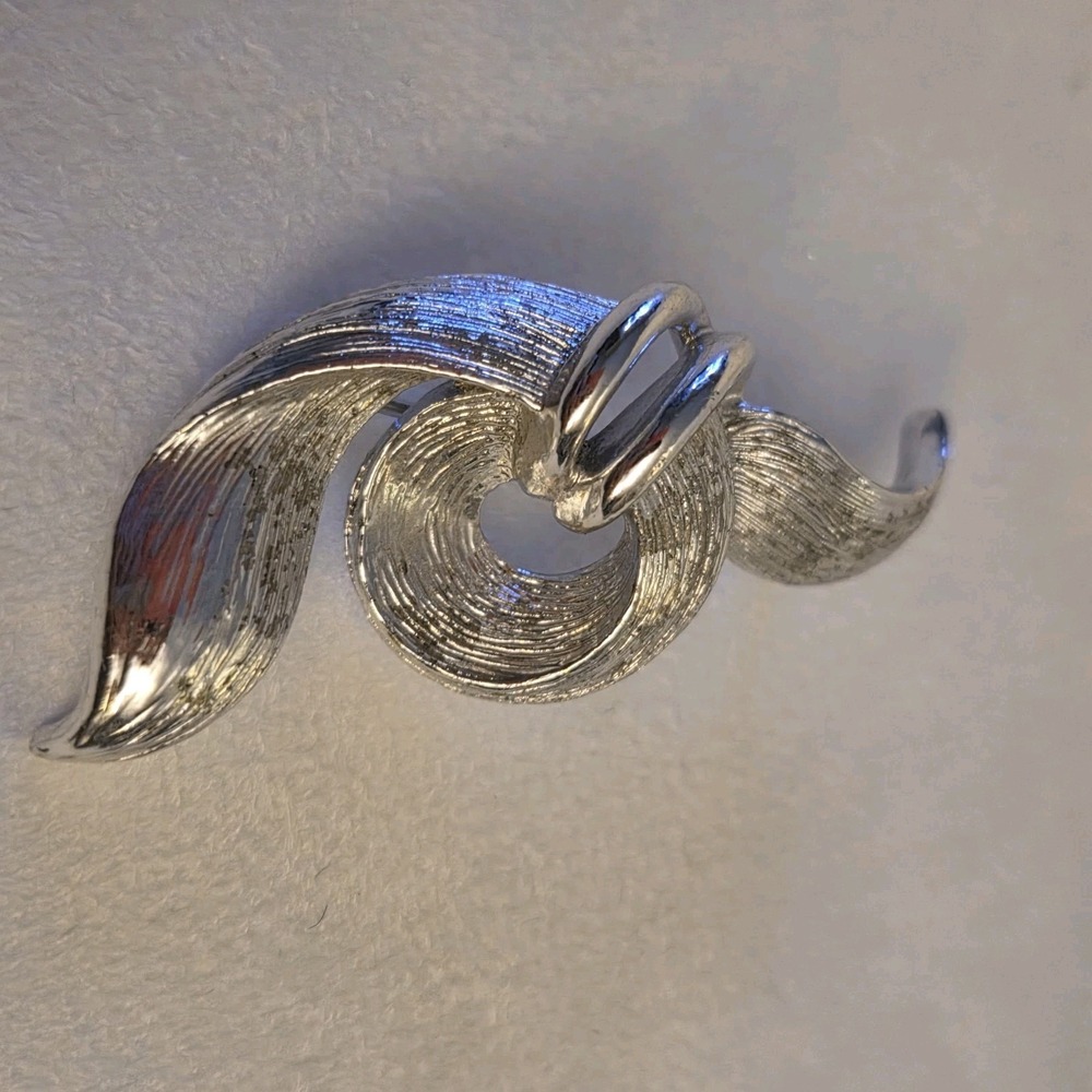 Vintage Silver Tone Textured Swirl Brooch Pin Mid Century Modernist 1960s